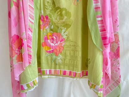 Soft Jaam Cotton Unstitched suit with thread work on the shirt and Colorful Dupatta