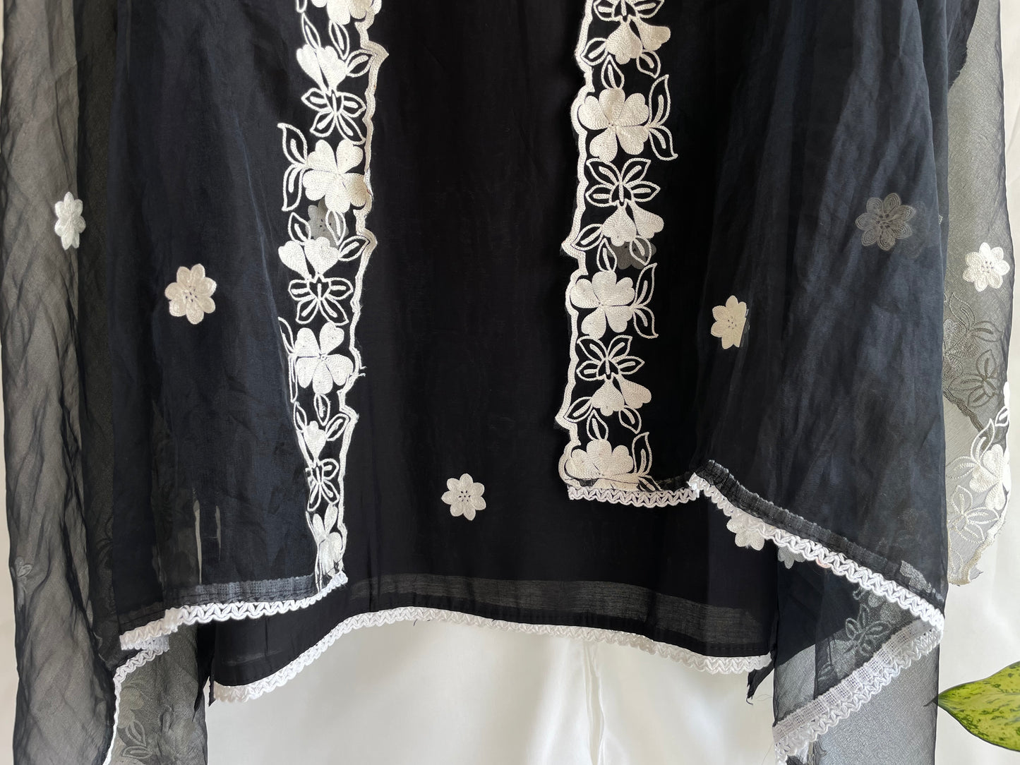 Black Unstitched Machine Embroidered suit set with Designer Dupatta