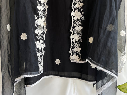 Black Unstitched Machine Embroidered suit set with Designer Dupatta
