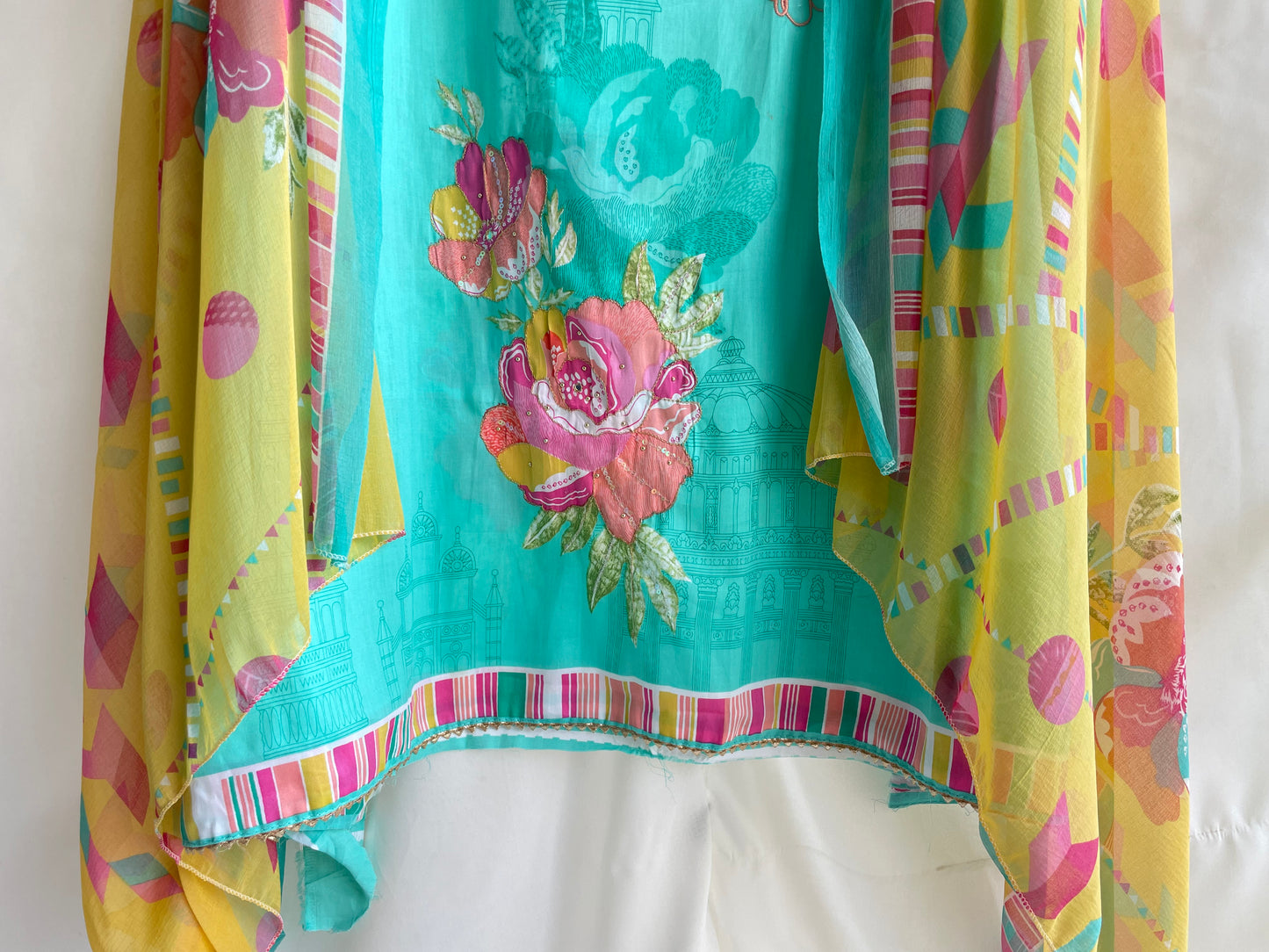 Soft Jaam Cotton Unstitched suit with thread work on the shirt and Colorful Dupatta