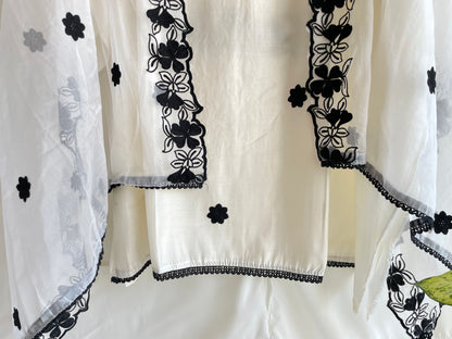 white Unstitched Machine Embroidered suit set with Designer Dupatta