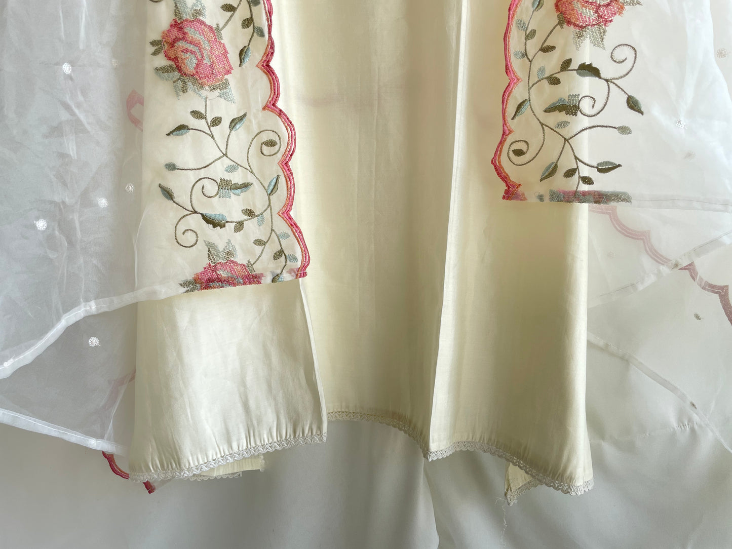 White Unstitched suit set with cut dana work on neck and Beautiful Embroidered Dupatta