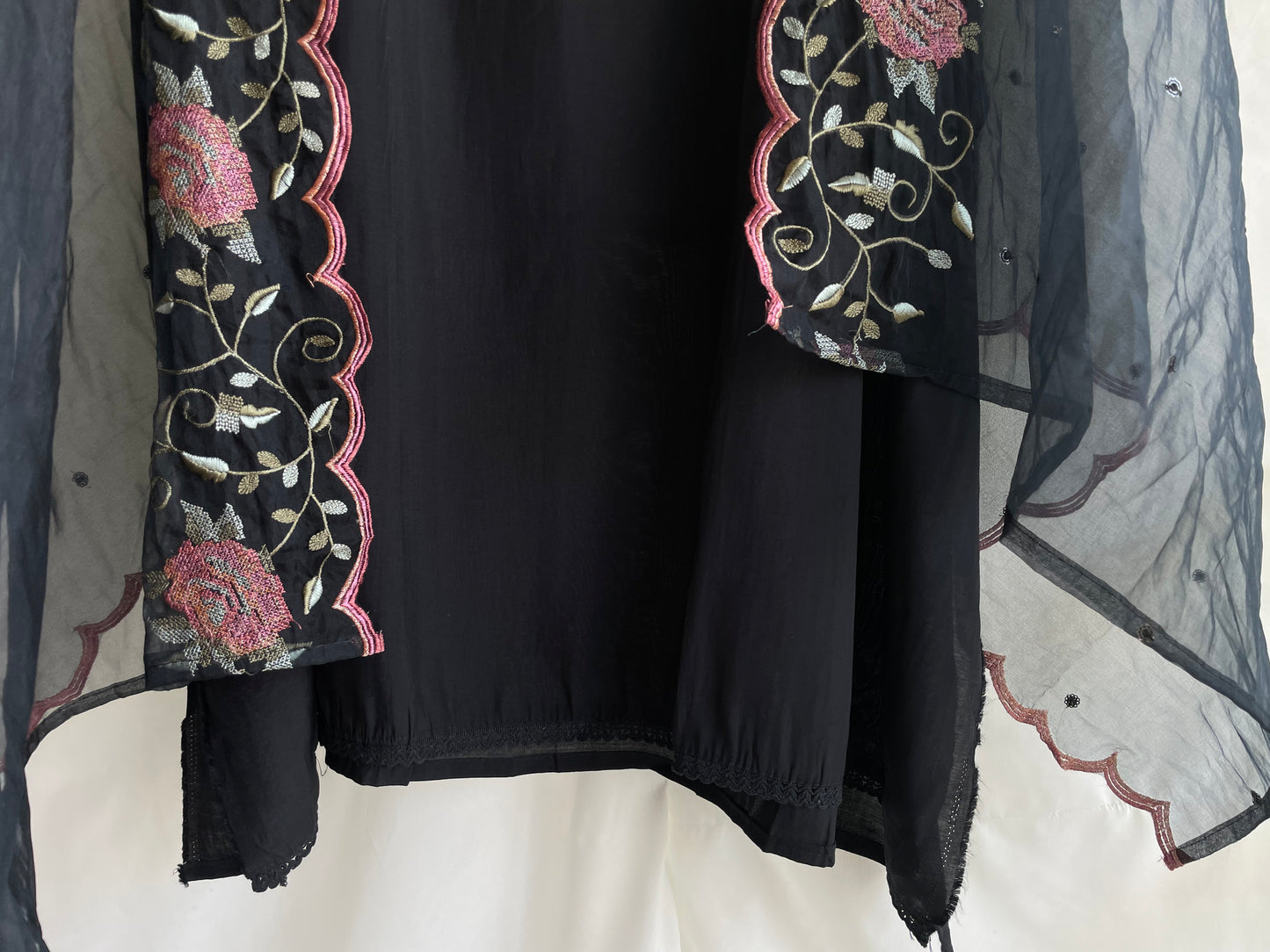 Black Unstitched suit set with cut dana work on neck and Beautiful Embroidered Dupatta