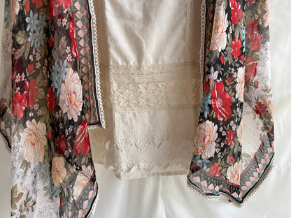 Pure cotton Unstitched suit set with Beautiful Black Floral Dupatta