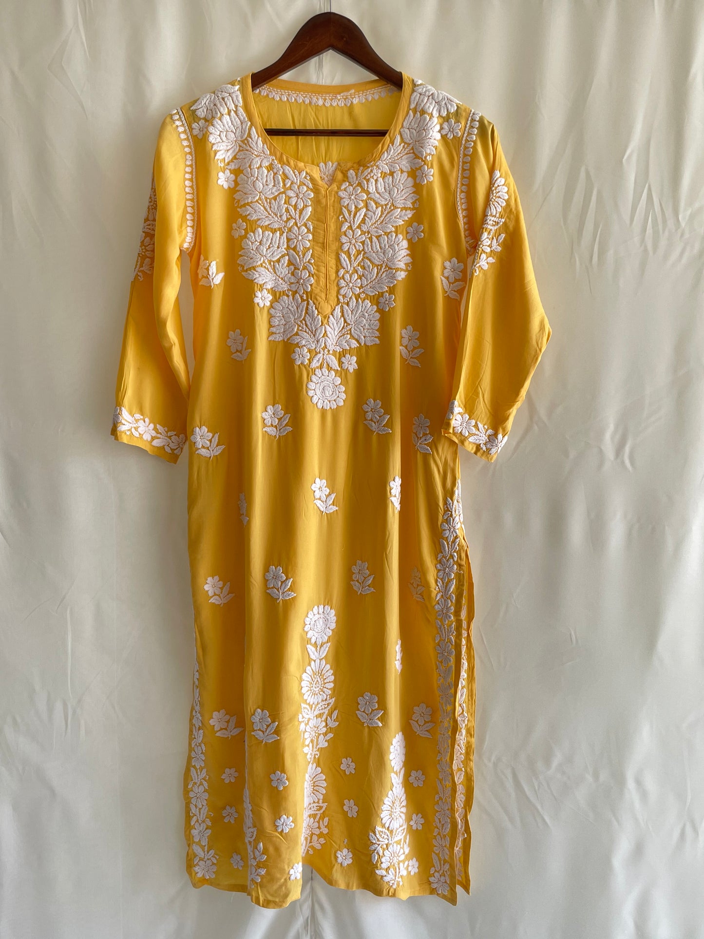 Naira Modal Long Chikankari kurta( Mustard yellow)