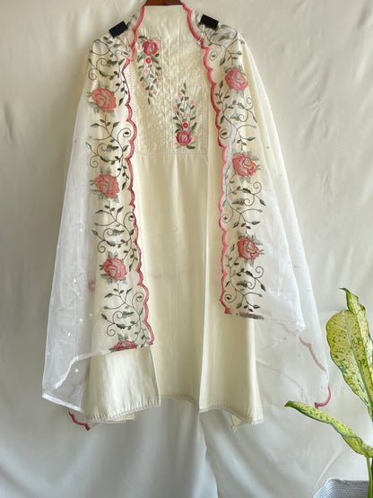 White Unstitched suit set with cut dana work on neck and Beautiful Embroidered Dupatta