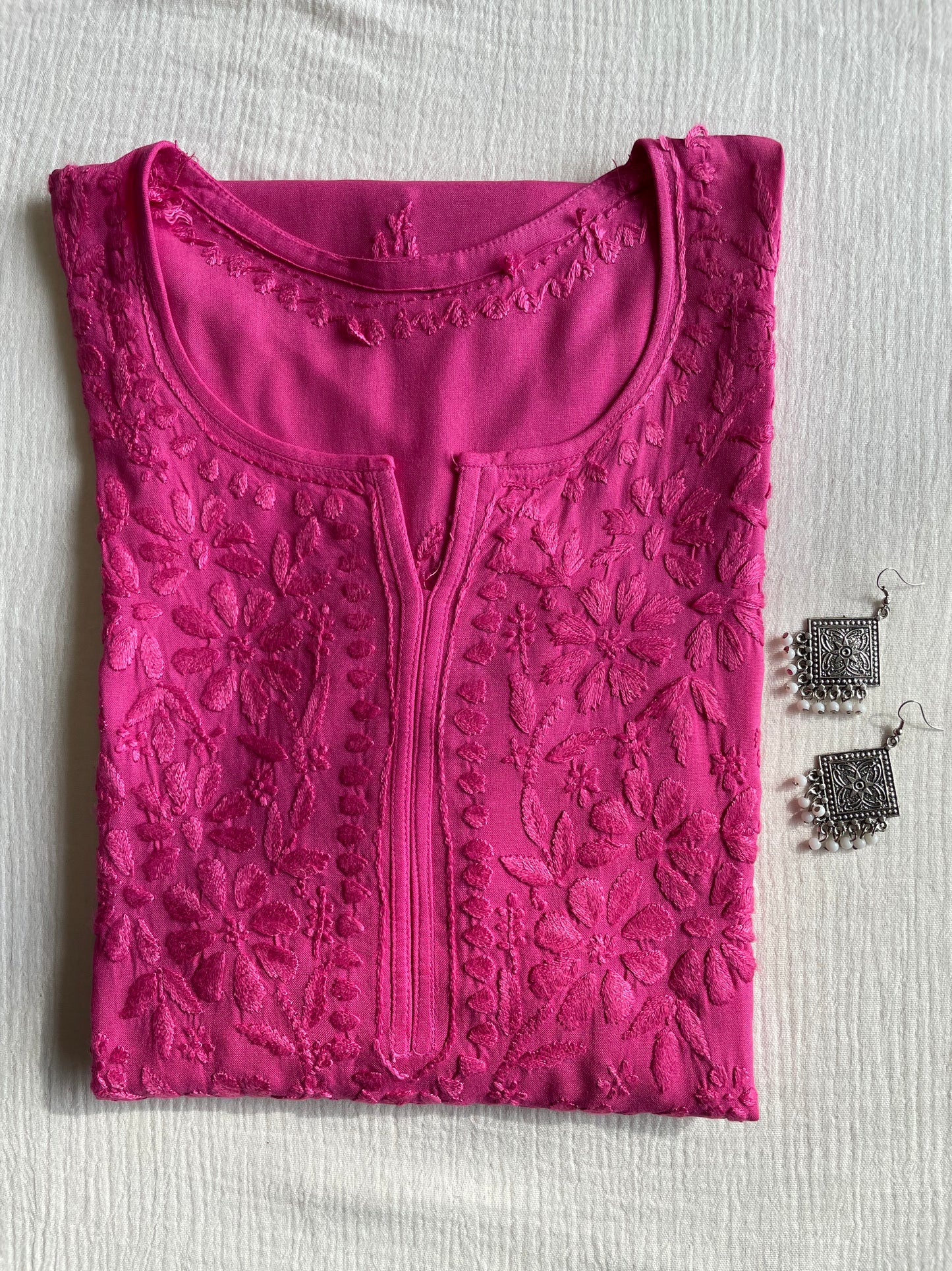 Riza Rayon Chikankari Long Kurta ( Hot Pink )