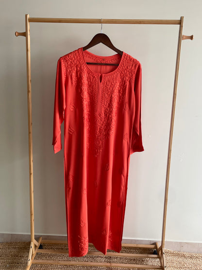 Riza Rayon Chikankari Long Kurta (Rust Orange)