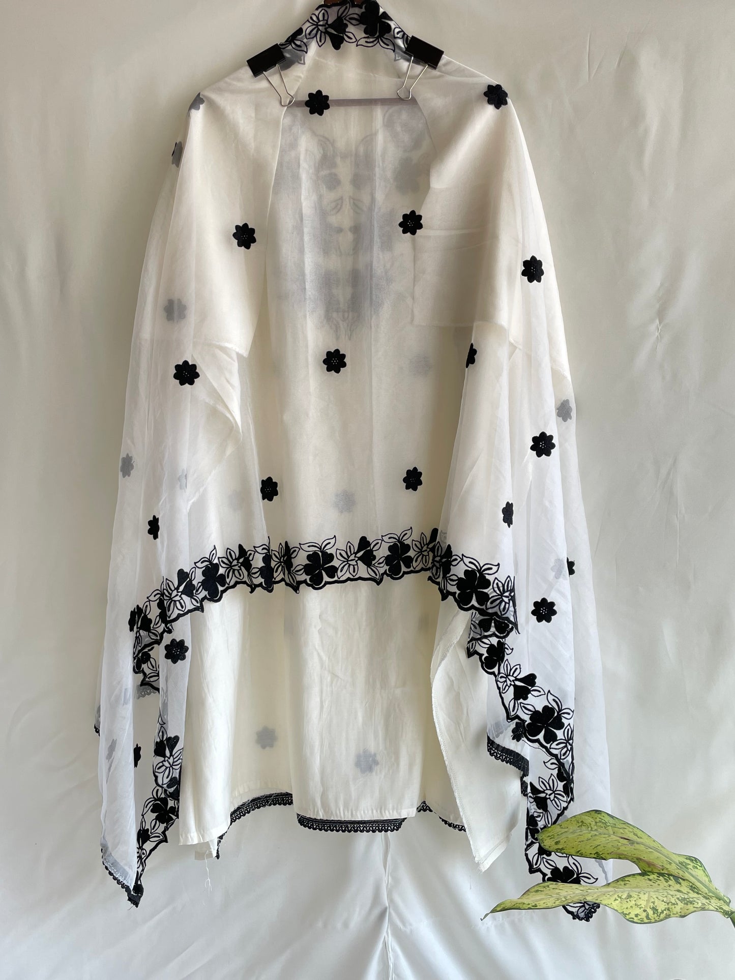 white Unstitched Machine Embroidered suit set with Designer Dupatta