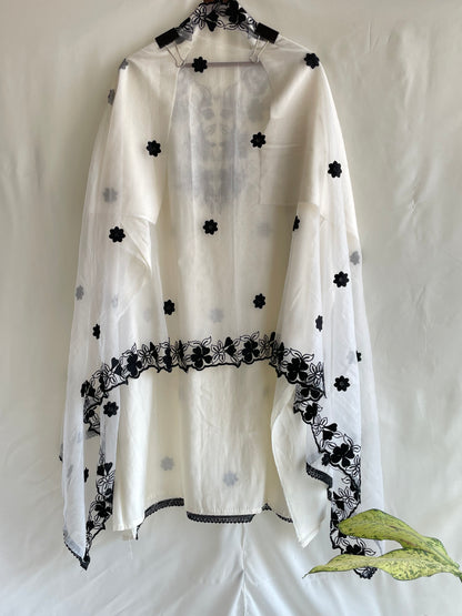 white Unstitched Machine Embroidered suit set with Designer Dupatta