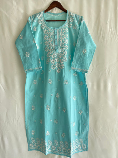 Aliya Cotton Chikankari Kurti(Sky Blue)