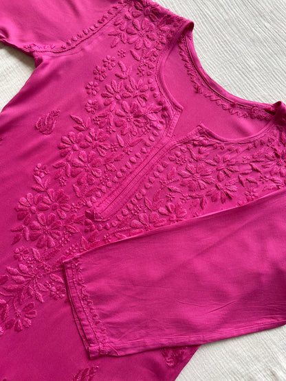 Riza Rayon Chikankari Long Kurta ( Hot Pink )