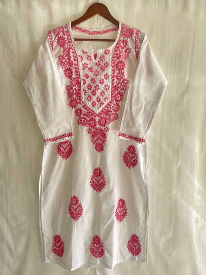 Zoya Cotton Long Chikankari Kurti (Pink)