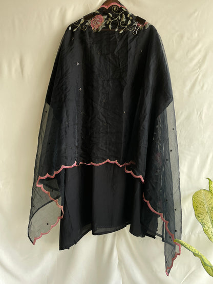 Black Unstitched suit set with cut dana work on neck and Beautiful Embroidered Dupatta