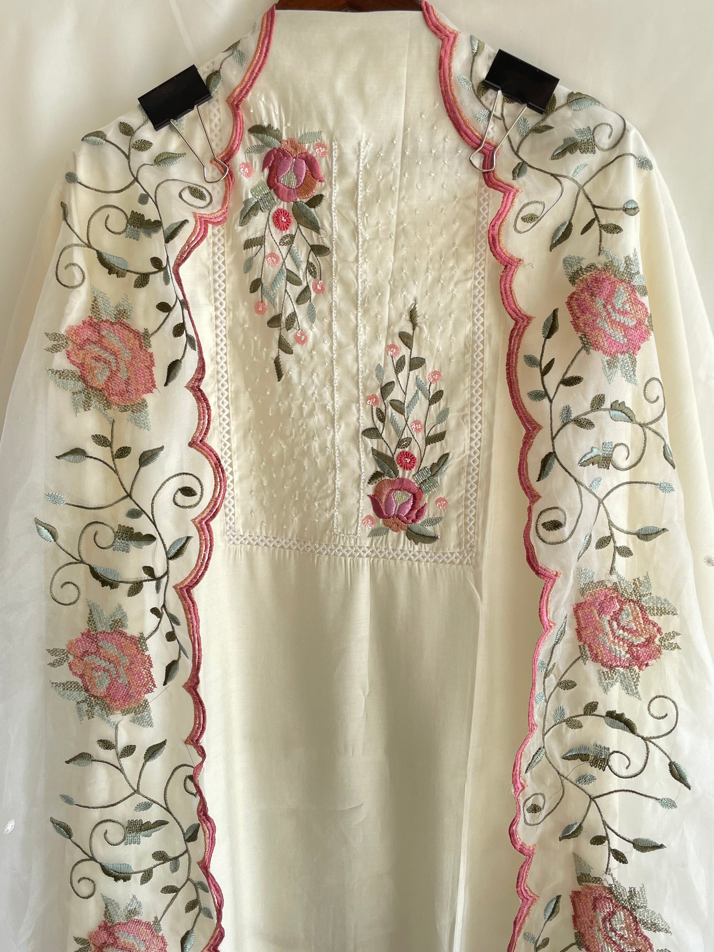 White Unstitched suit set with cut dana work on neck and Beautiful Embroidered Dupatta