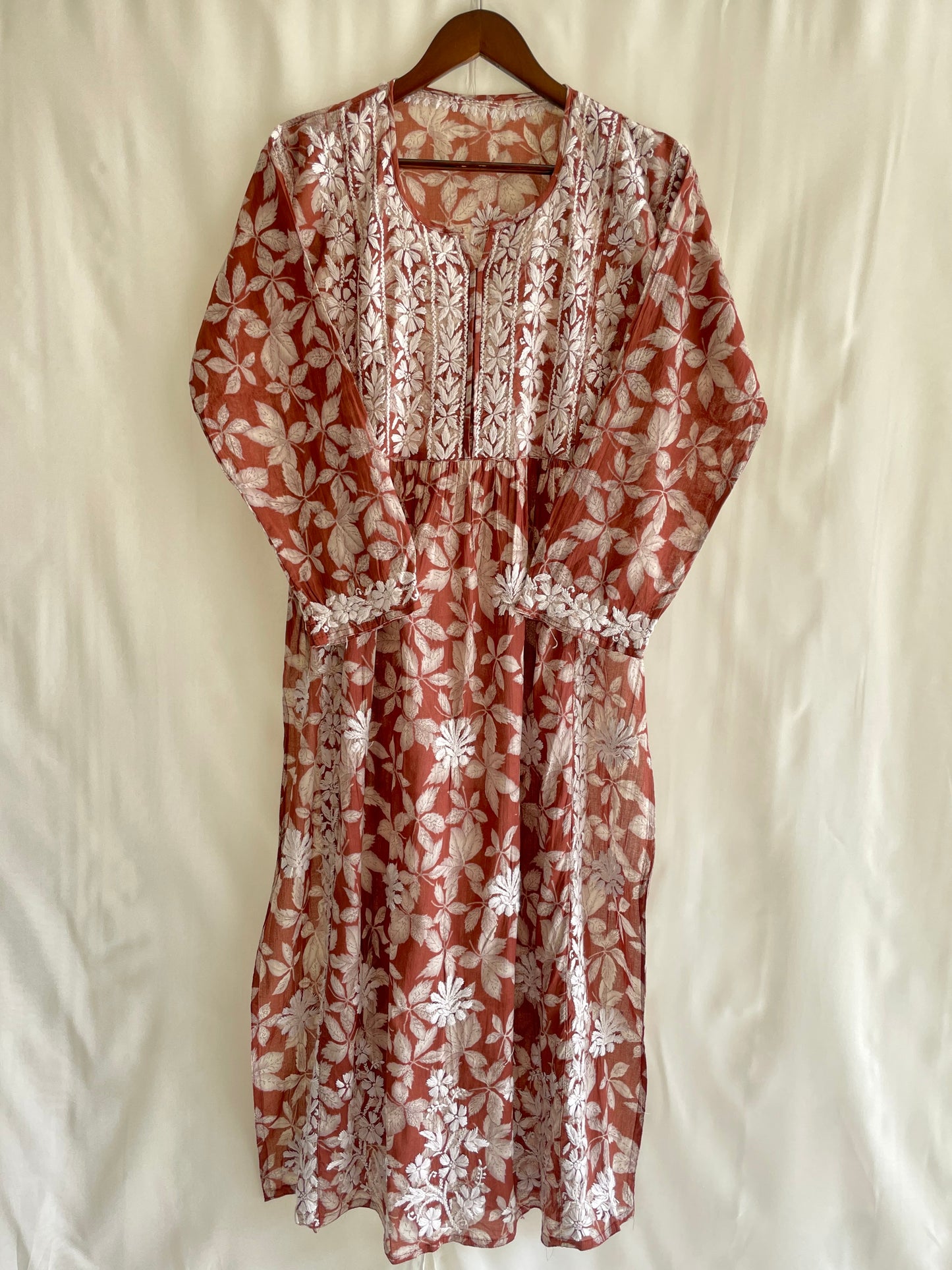 Aiza Naira cut Long Chikankari Kurta ( Rust Brown)