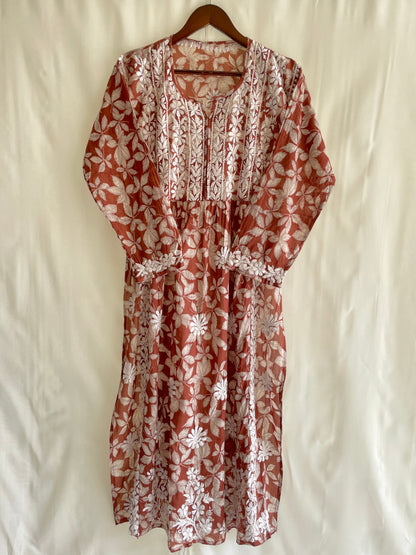 Aiza Naira cut Long Chikankari Kurta ( Rust Brown)