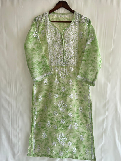Kota Shibori Long Chikankari Kurti (Pista Green)