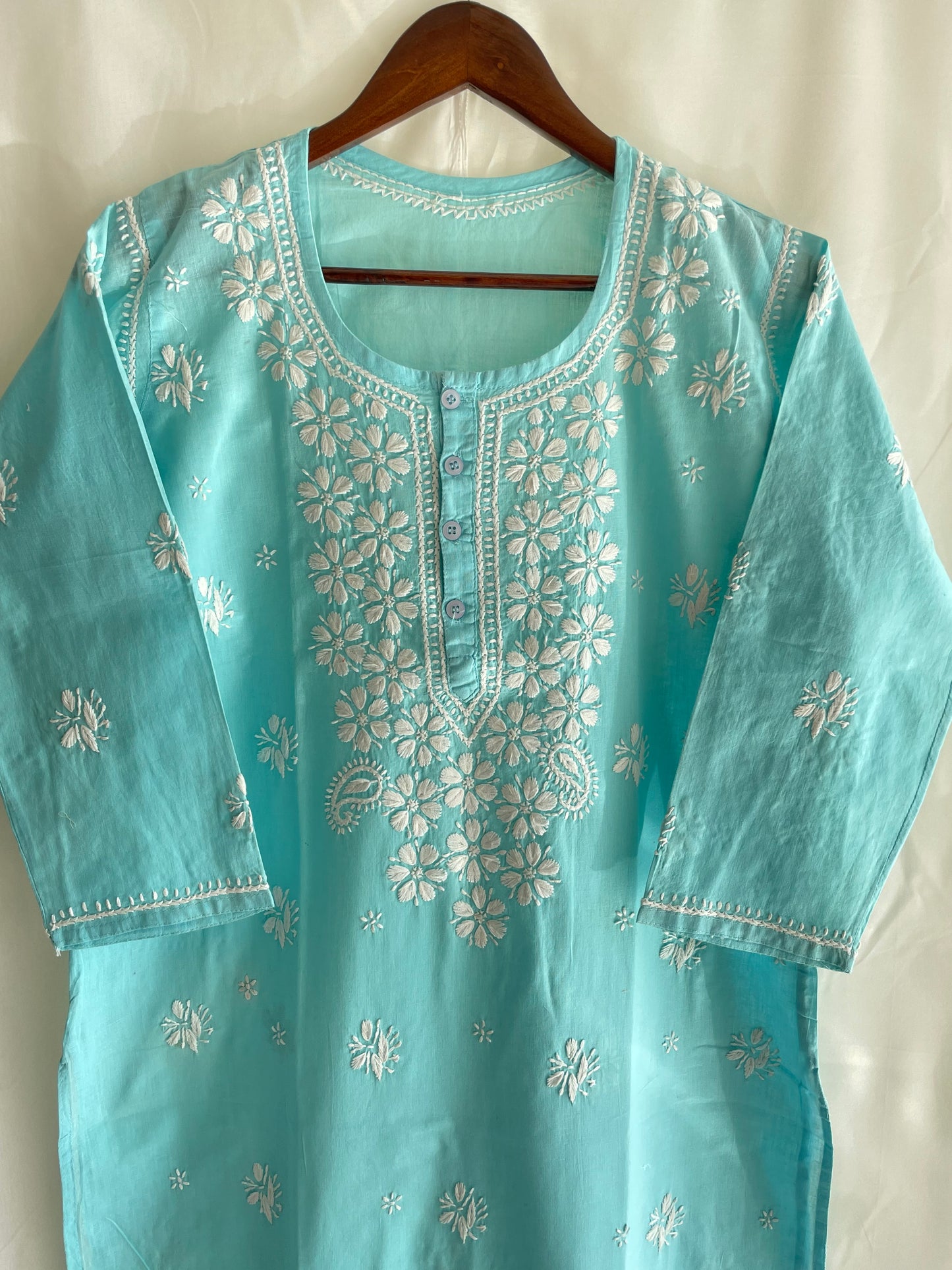 Aliya Cotton Chikankari Kurti(Sky Blue)