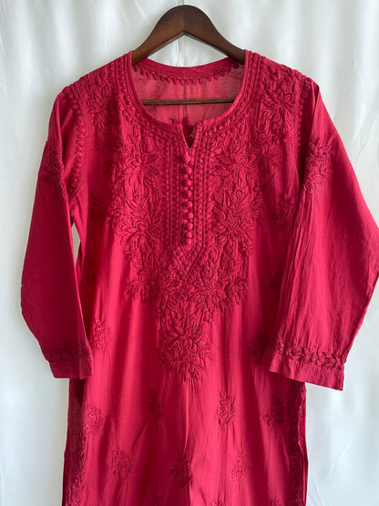 Cotton Potli Button Chikankari Kurti (Red)