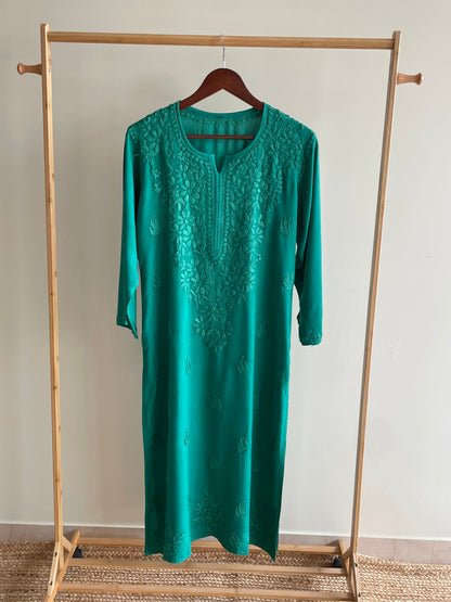 Riza Rayon Chikankari Long Kurta ( Rama Green)
