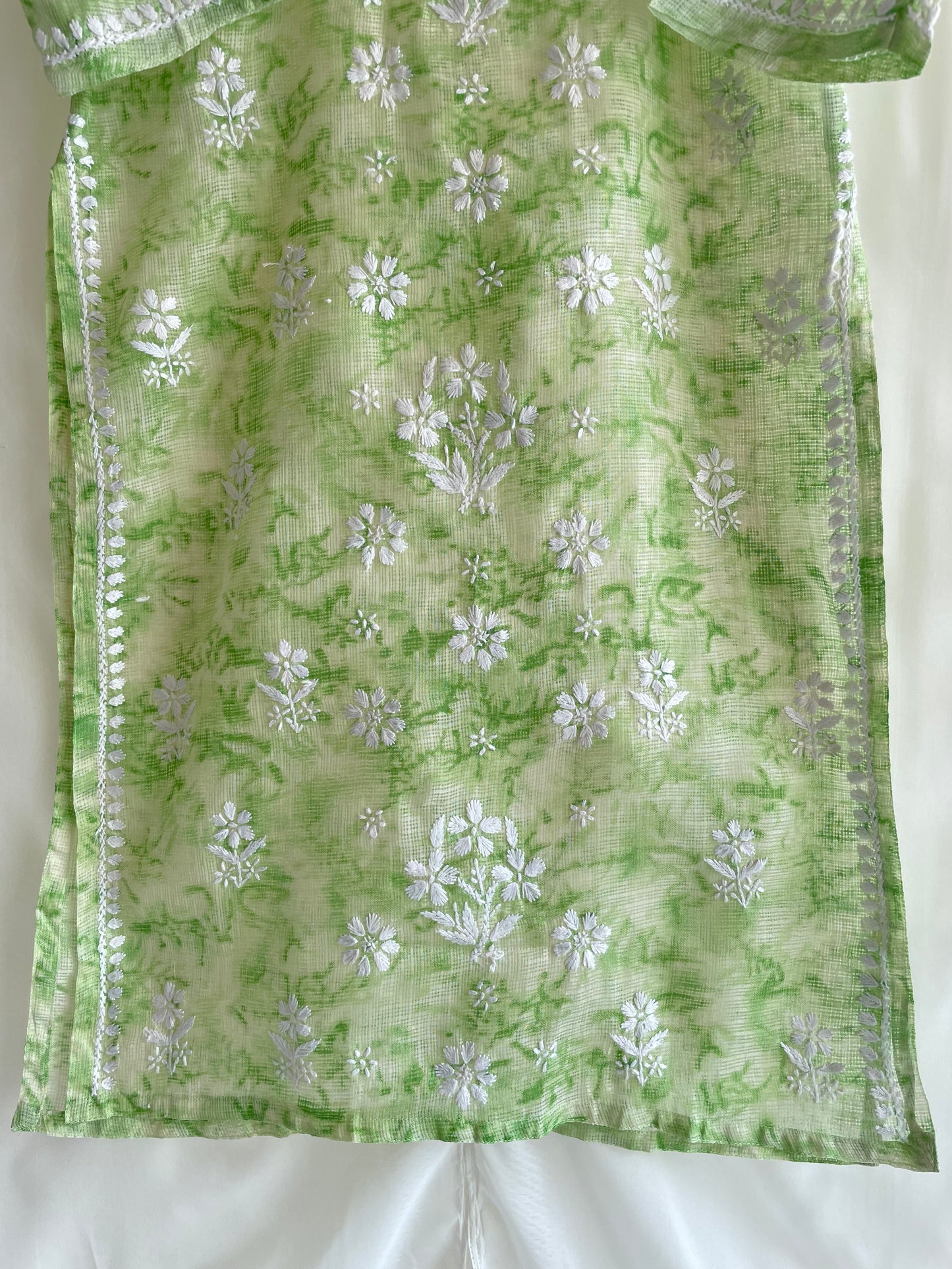 Kota Shibori Long Chikankari Kurti (Pista Green)