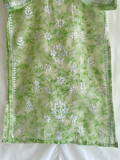 Kota Shibori Long Chikankari Kurti (Pista Green)