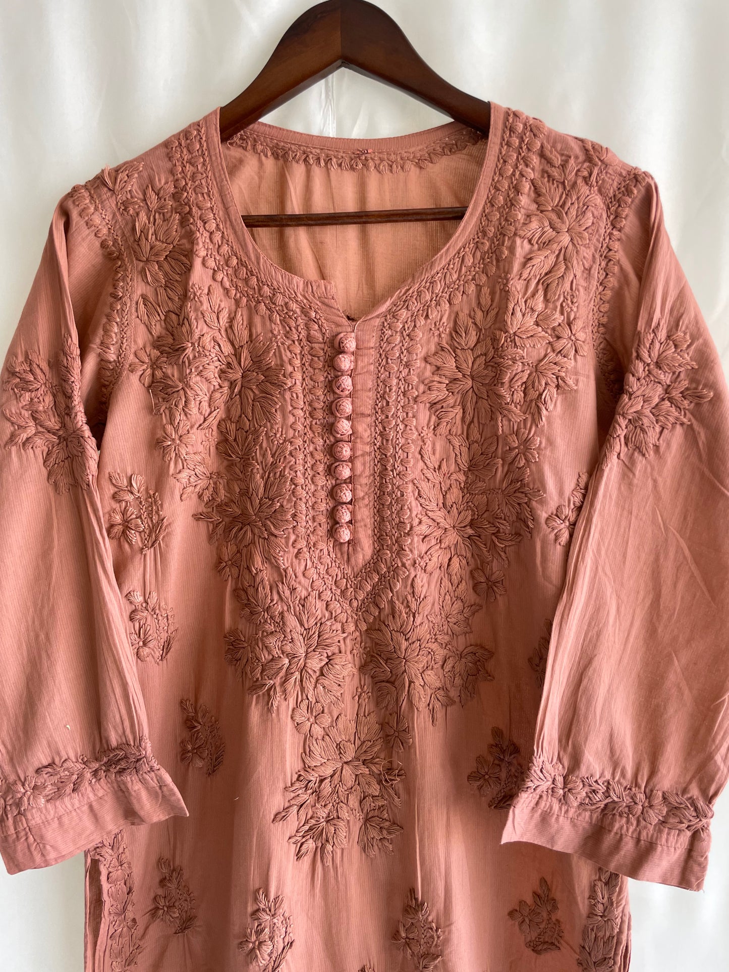 Cotton Polti Button Chikankari kurti (Light Brown)