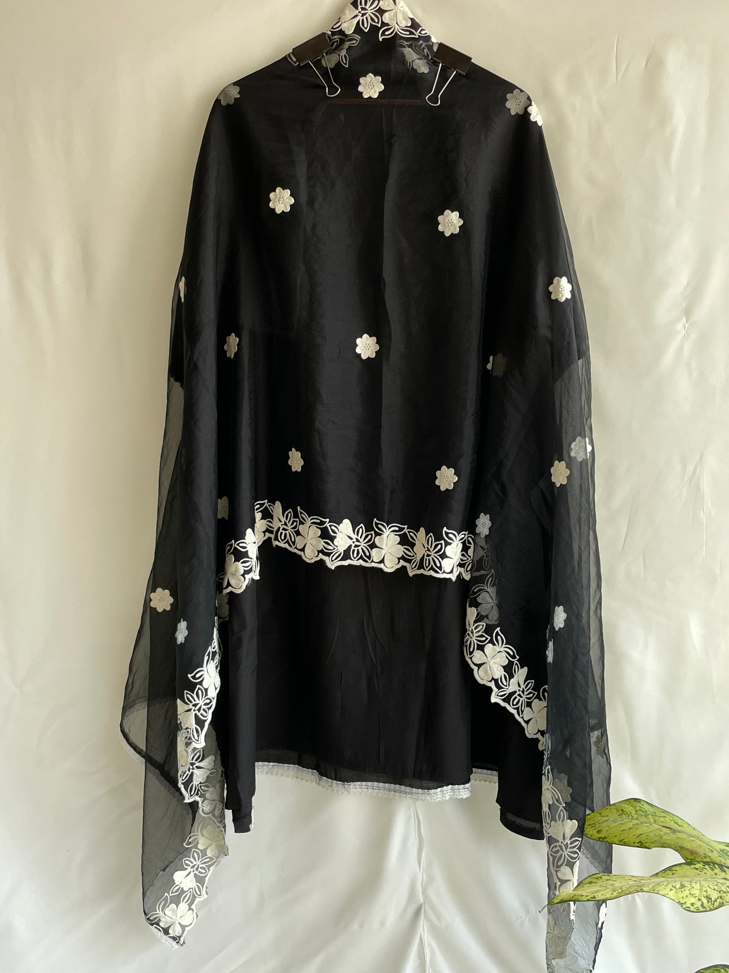 Black Unstitched Machine Embroidered suit set with Designer Dupatta