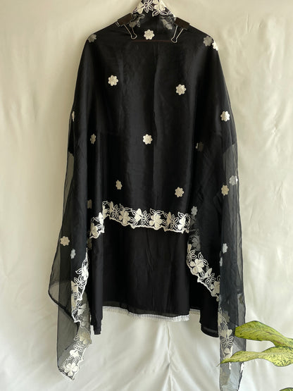 Black Unstitched Machine Embroidered suit set with Designer Dupatta
