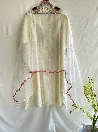 White Unstitched suit set with cut dana work on neck and Beautiful Embroidered Dupatta