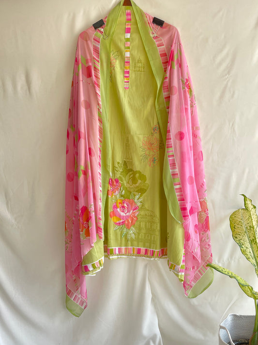 Soft Jaam Cotton Unstitched suit with thread work on the shirt and Colorful Dupatta