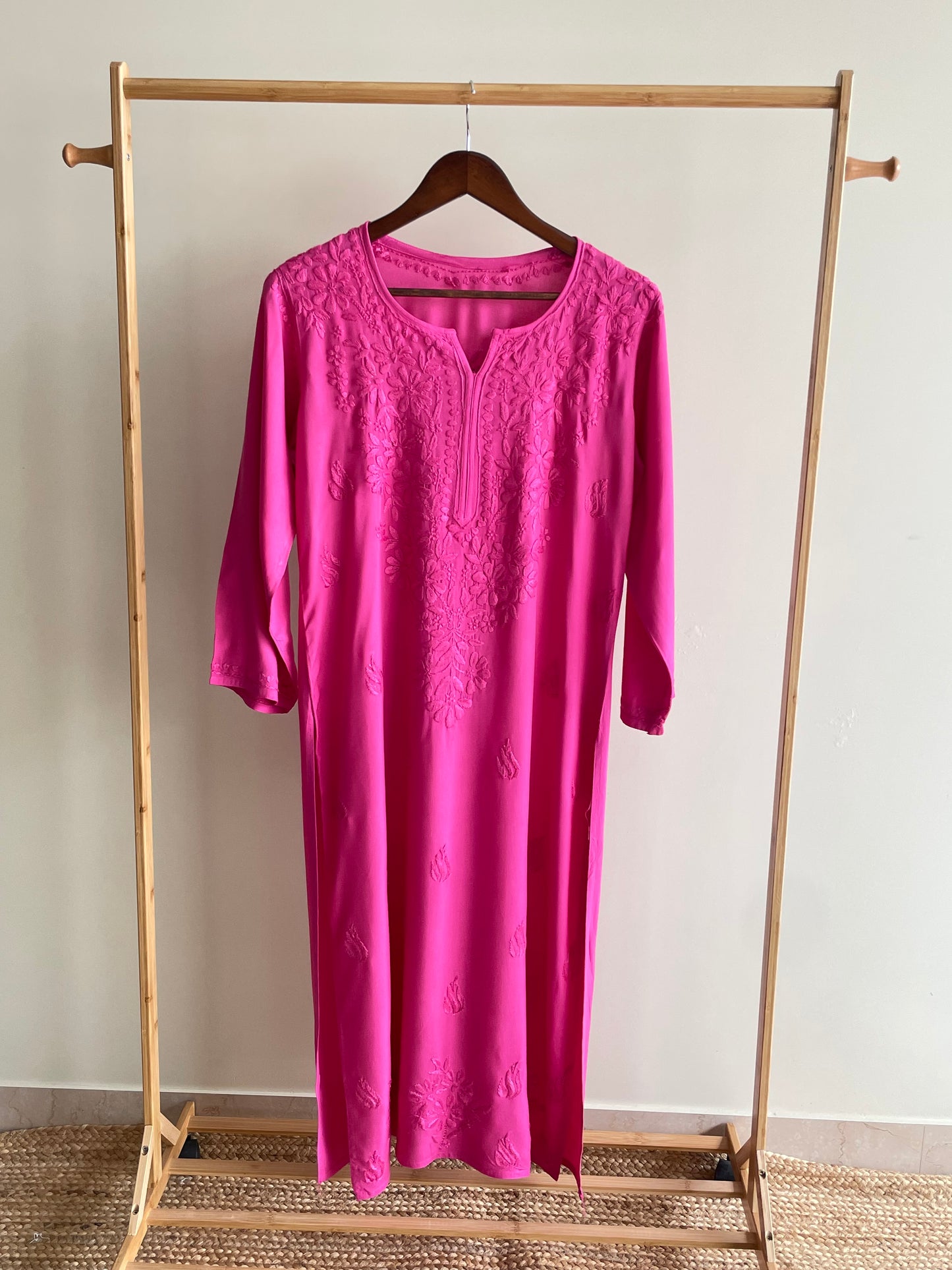 Riza Rayon Chikankari Long Kurta ( Hot Pink )