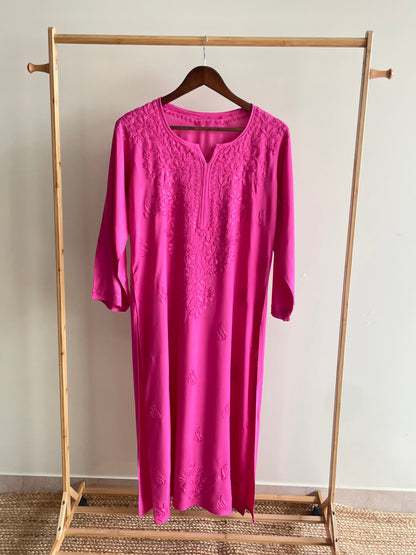 Riza Rayon Chikankari Long Kurta ( Hot Pink )