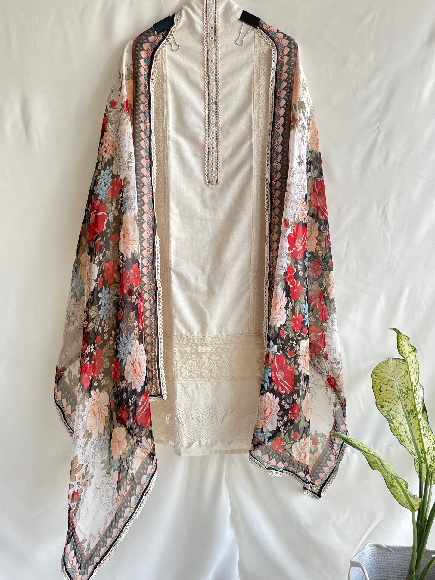 Pure cotton Unstitched suit set with Beautiful Black Floral Dupatta