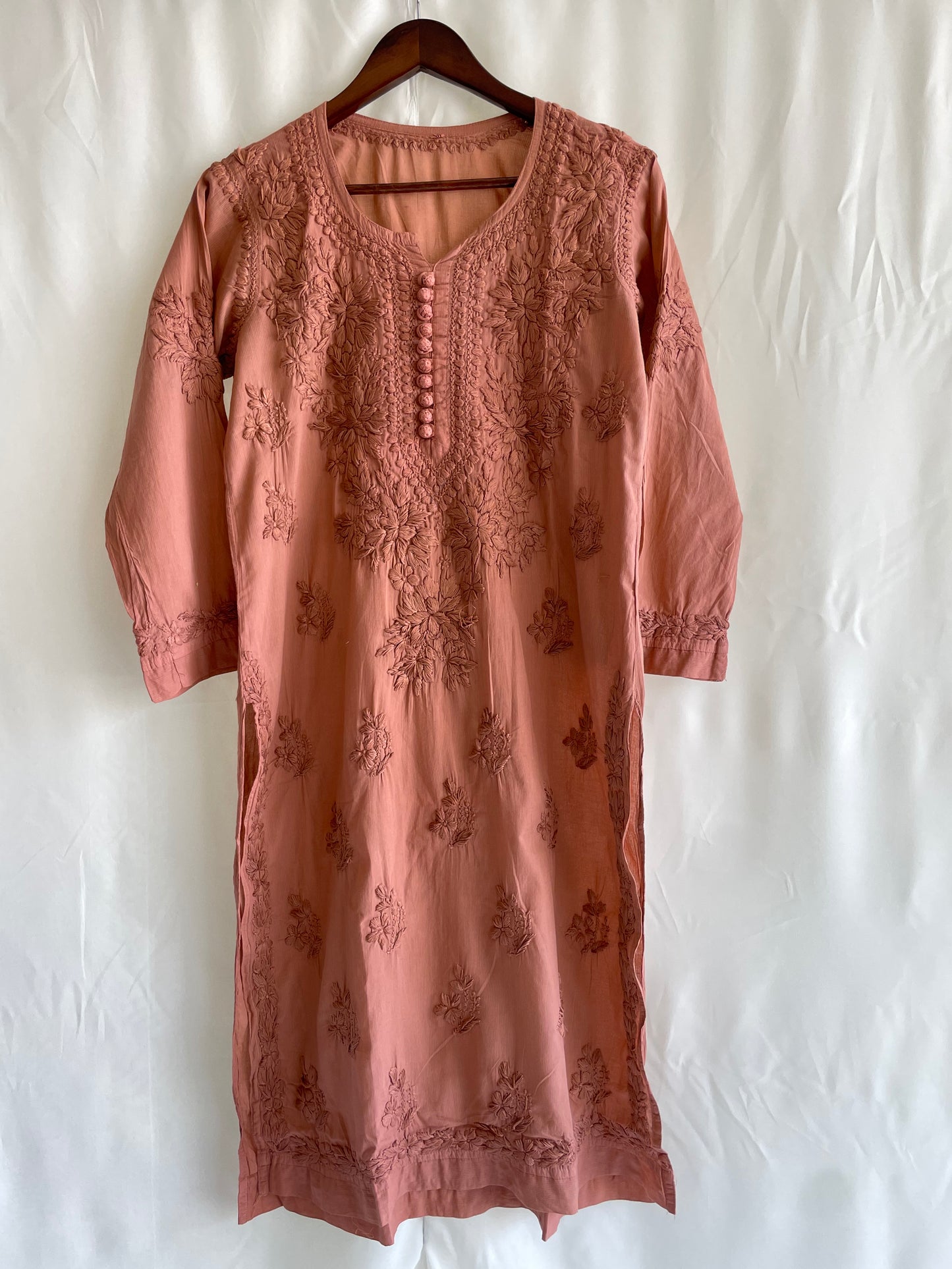 Cotton Polti Button Chikankari kurti (Light Brown)