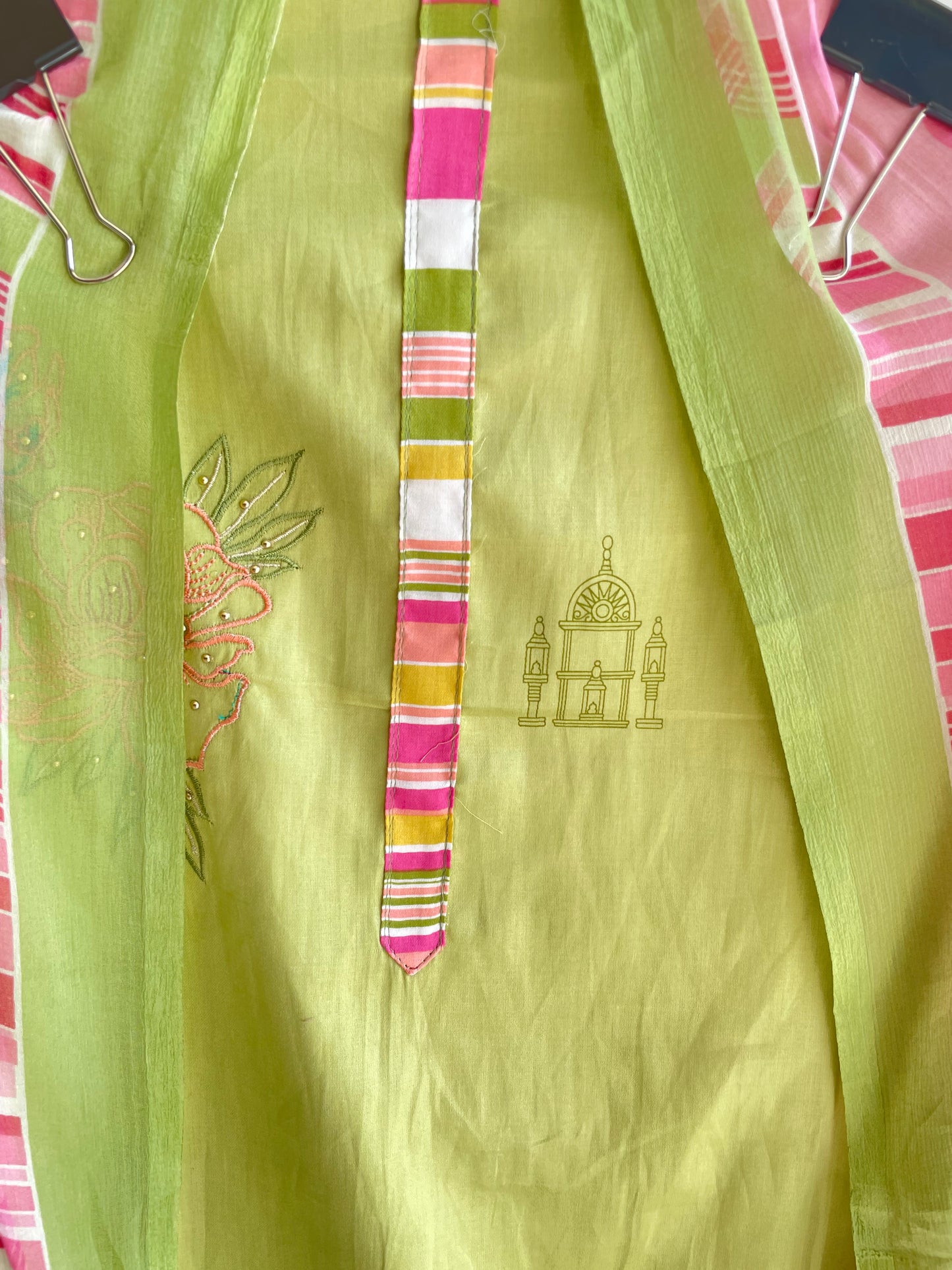 Soft Jaam Cotton Unstitched suit with thread work on the shirt and Colorful Dupatta