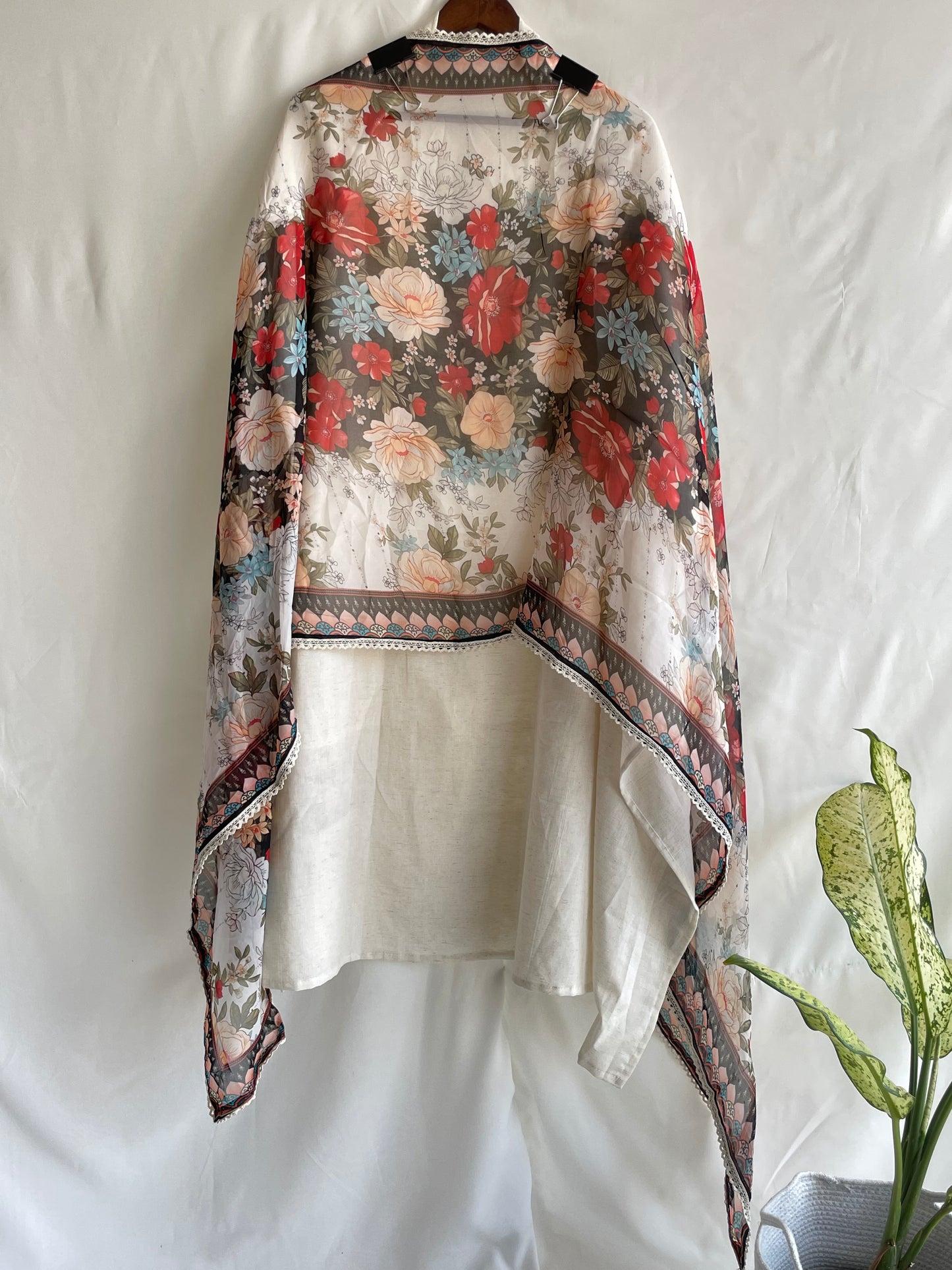 Pure cotton Unstitched suit set with Beautiful Black Floral Dupatta