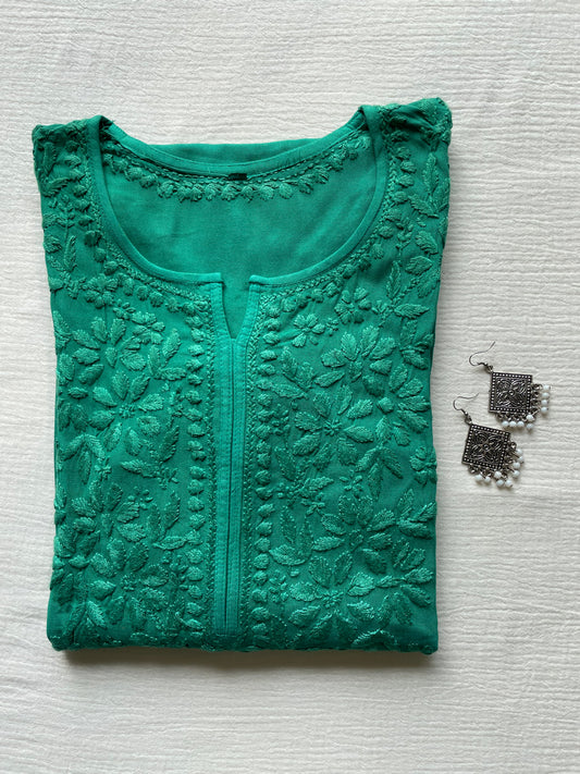 Riza Rayon Chikankari Long Kurta ( Rama Green)