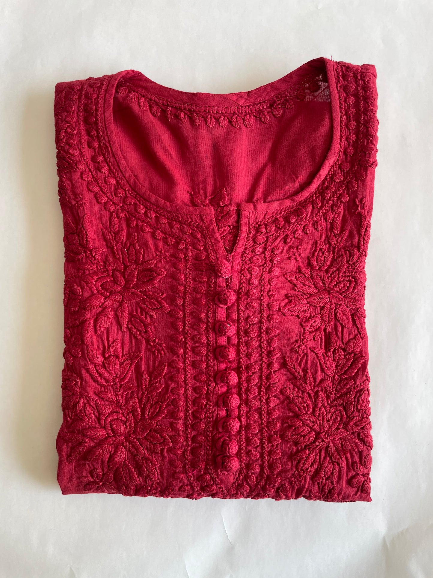 Cotton Potli Button Chikankari Kurti (Red)