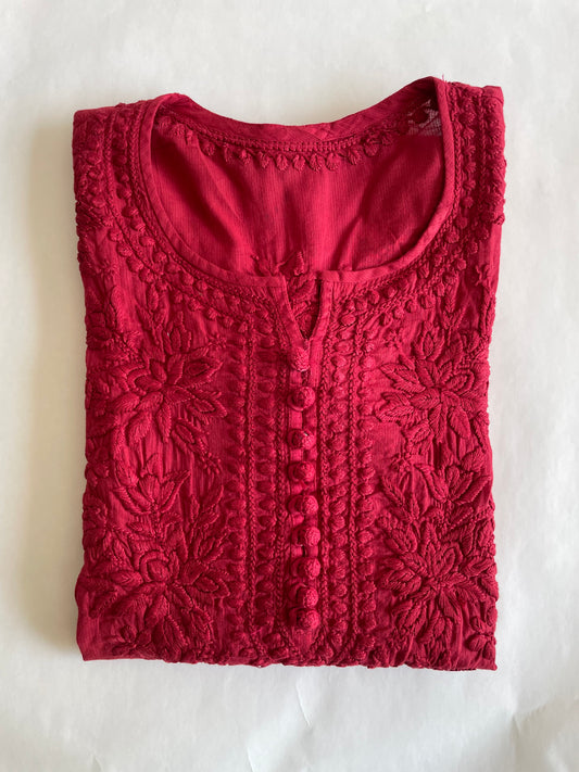 Cotton Potli Button Chikankari Kurti (Red)
