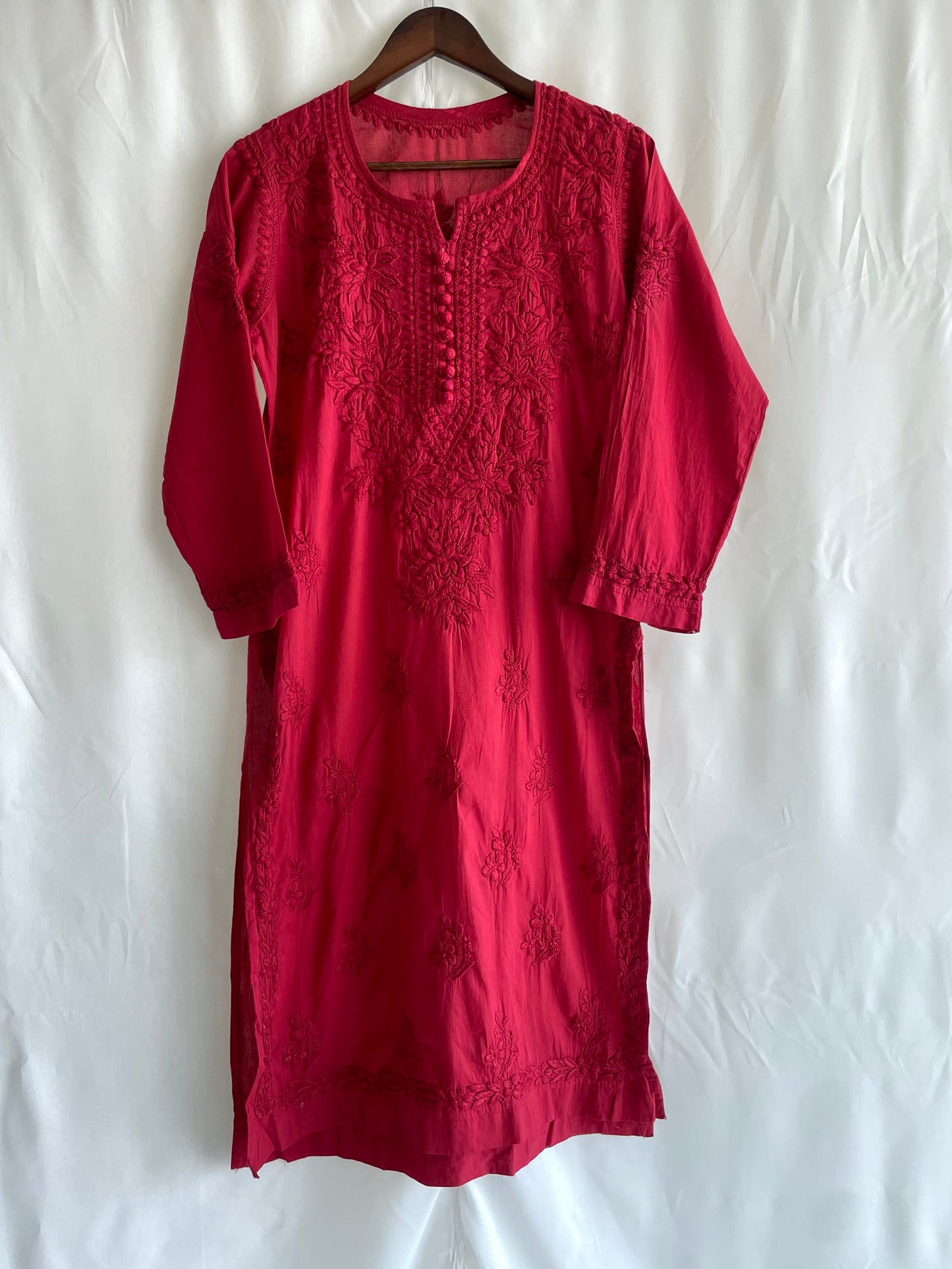 Cotton Potli Button Chikankari Kurti (Red)