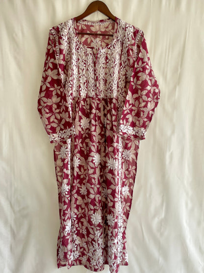 Aiza Naira cut Long Chikankari Kurta ( Maroon)