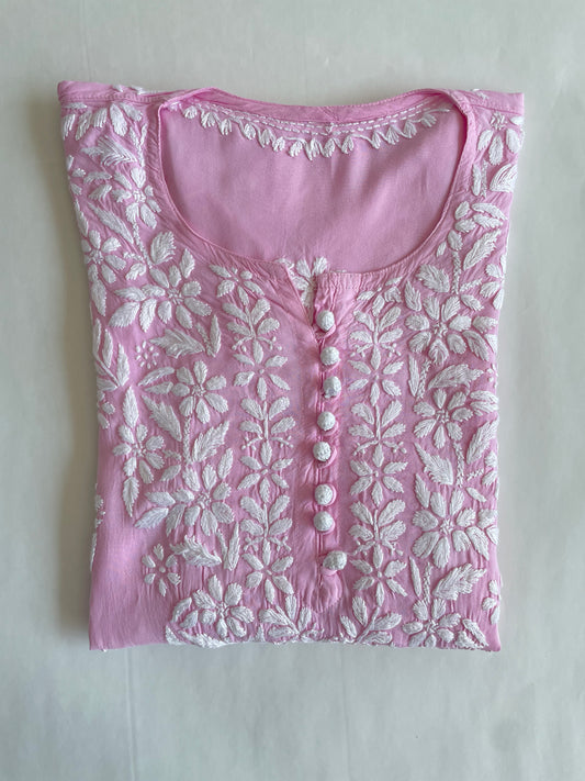 Mahira Modal Long Chikankari Kurti ( Pink )