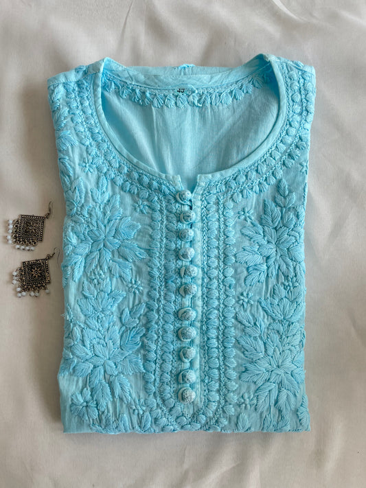 Cotton Potli Button Chikankari Kurti (Sky Blue)