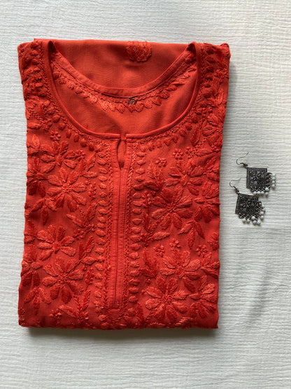 Riza Rayon Chikankari Long Kurta (Rust Orange)