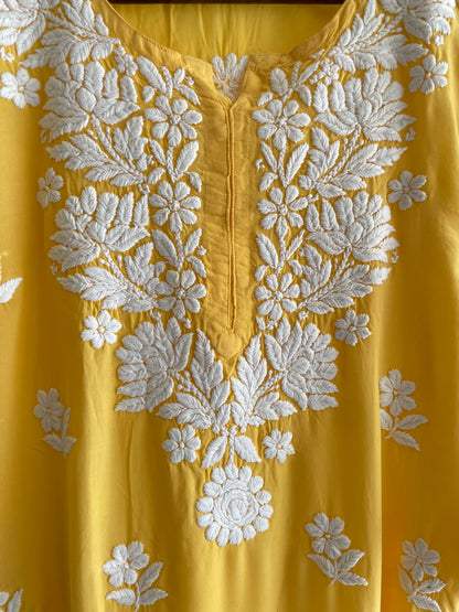 Naira Modal Long Chikankari kurta( Mustard yellow)