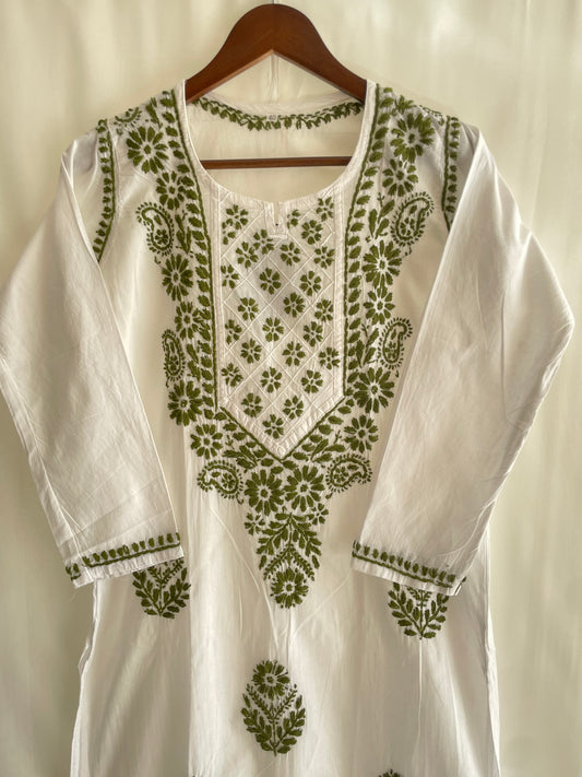 Zoya Cotton Long Chikankari Kurti ( Olive Green )