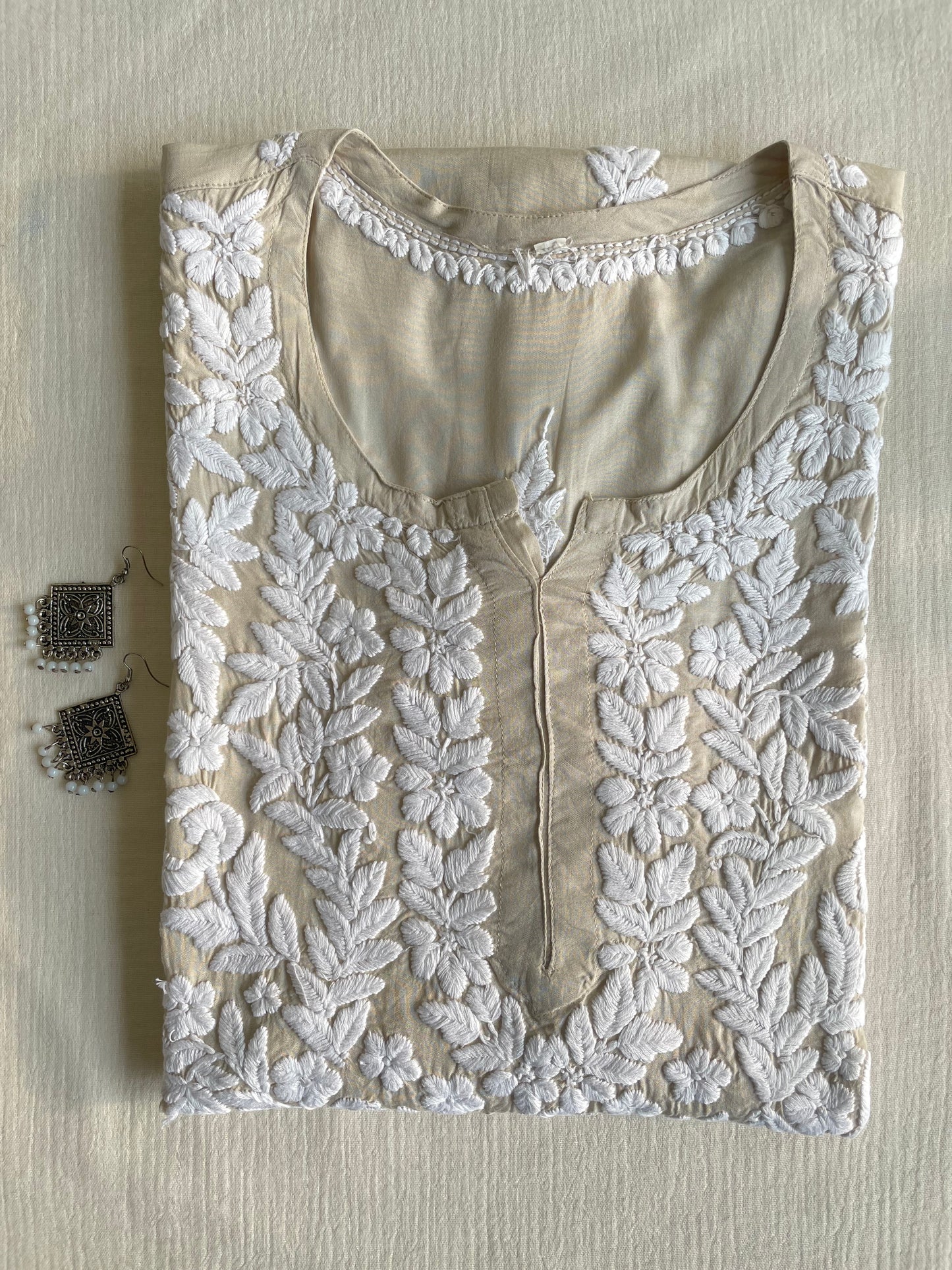 Naira Modal Long Chikankari Kurta(Light Beige)