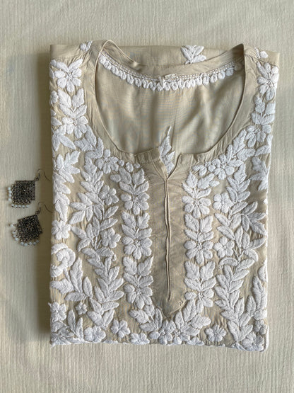 Naira Modal Long Chikankari Kurta(Light Beige)